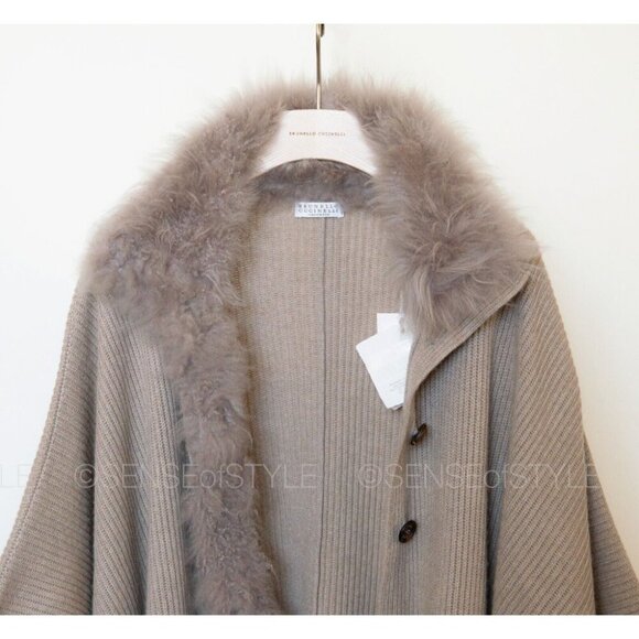 Brunello Cucinelli Women's Cashmere Poncho Cardigan Sweater Fur Brown size M - Picture 5 of 11